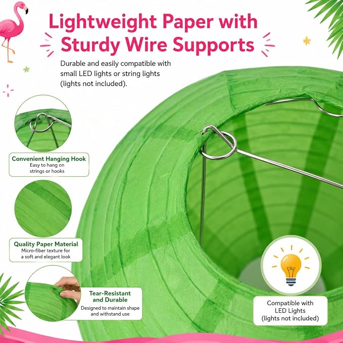 12 Pcs Paper Lanterns Party Decorations, 8 and 10 in Hanging Round Lantern Lamps for Luau, Flamingo, Summer Hawaiian Birthday, Party Decor (Dark Green, Hot Pink, Grass Green, Pink, Yellow)