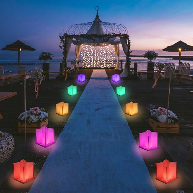 10 Pack 6" Star Shaped Floating Lanterns with Waterproof Wooden Base Sets, Paper Water Lanterns Decoration with LED Tealight Candle (10Sets Lanterns +Multicolor LED Candles +Remote Control)