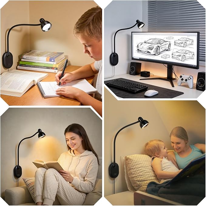 Wall Mounted Reading Light, LED Wall Bedside Lamp with Adapter Black | 5 Color 10 Brightness,Plug-in Adhesive Wall Reading Lights for Books in Bed, Auto-Off Timer Wall Lights for Bedroom Headboard