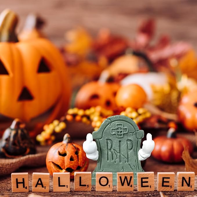 Halloween Mini Tombstones Graveyard Figurine Decorations Spooky Home Desk Ornament Indoor Cute Middle Finger Gestures Figurine Gifts for Halloween Outdoor Indoor Decorations
