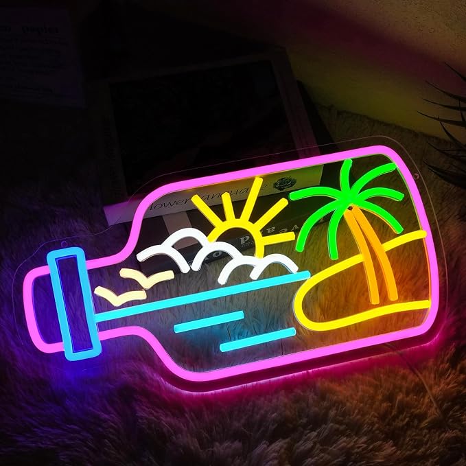Bottle Beach Neon Sign Dimmable Summer Tropic Neon Light Sign for Wall Decor Palm Tree Led Signs for Bedroom Living Room Hawaii Shop Beach Bar Party Art Decor Gift 16.5" x 8.4"