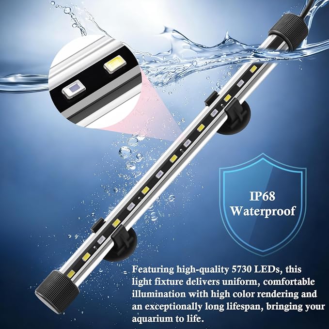Dirvin LED Fish Tank Light with Timer, 24/7 Mode & 3 Color Aquarium Light | Submersible Adjustable Brightness, IP68 Waterproof, Sunrise-Daylight-Moonlight, Auto On/Off for fresh and salt water, 10W