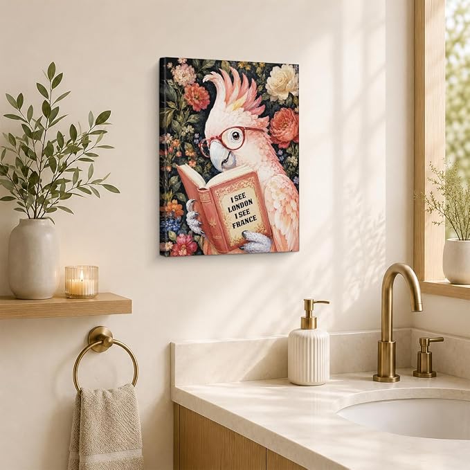 NSFBESSLIA Funny Reading Cockatoo Painting, Whimsical Vintage Bird Decor, I See London I See France, Cottagecore Floral Wall Art for Living Room Bedroom Entryway, 8x10 Inch