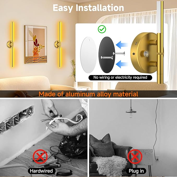 Wall Sconces with Remote,Rechargeable Battery Operated,Wireless Magnetic Wall Lights with RGB Colors&Dimmable,Wall Decor for TV/Mirror,Bedroom,Staircase Gold