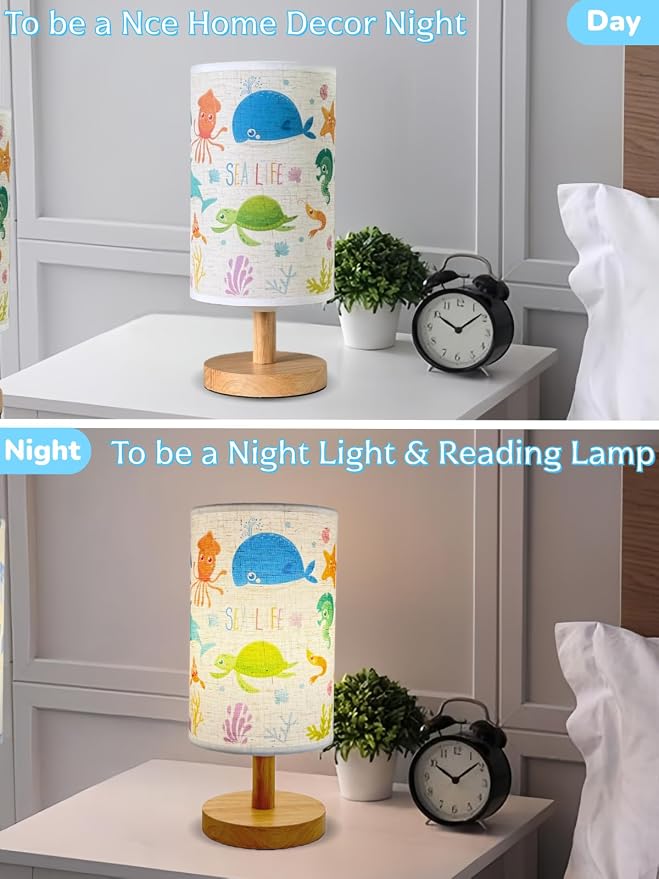 Ocean Lamp,Ocean Kids Table Lamp for Bedroom Bedside Lamps,Gifts for Sea Lovers-3 Color LED Nightstand Night Light with Cartoon Flaxen Fabric Shade Desk Lamp for Girls Boys Room Nursery Decor