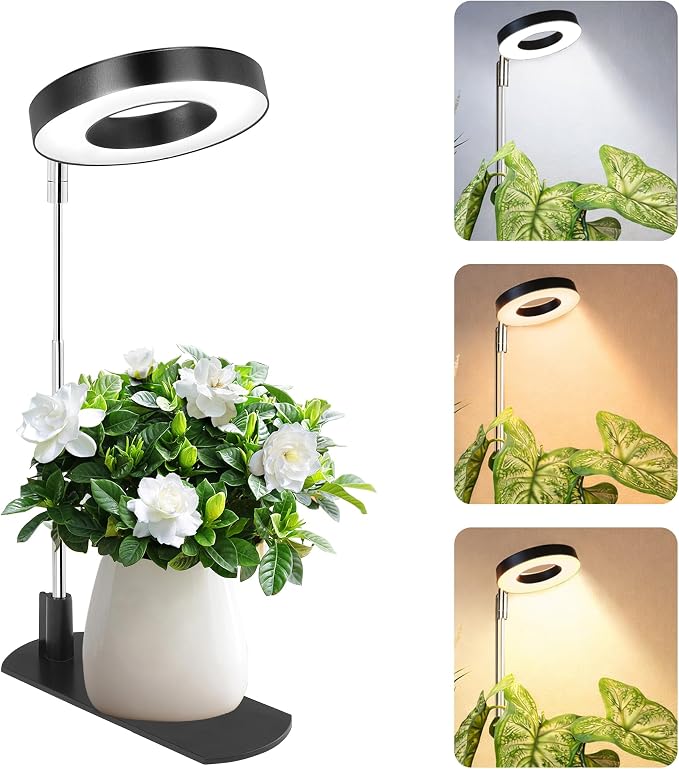 LBW Grow Lights for Indoor Plants, Full Spectrum Halo Grow Light with Base | 48 LEDs Plant Light for Small Plant, Base/Soil Stake, 7.8-26" Adjustable, 6/8/12/16H Timer, 3 Color Mode, 5 Brightness, Black