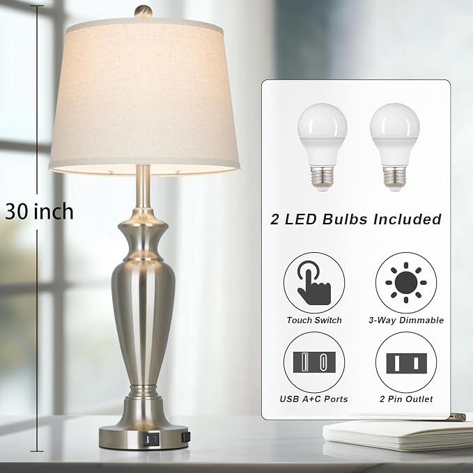 30" Tall Silver Table Lamps Set of 2 for Living Room, Touch Control Bedside Lamps for Nightstand, 3-Way Dimmable Bedroom Table Lamp with USB A+C Ports and AC Outlet (2 LED Bulbs Included)