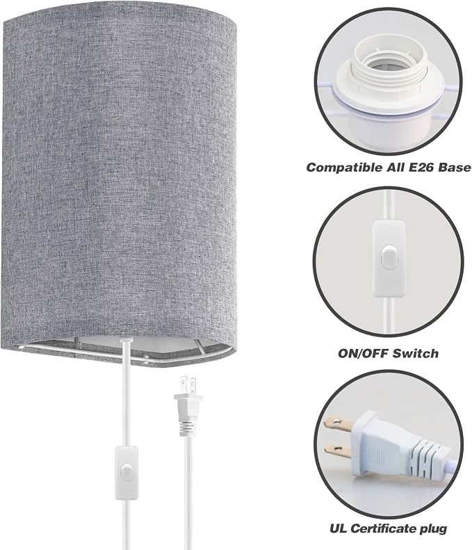 Wall Sconces Set of Two, Fabric Shades Plug in Wall Sconces | 3 Color Temperature Switching Wall Light Fixtures, Wall Lamp with Plug in Cord, On/Off Switch Wall Lights for Bedroom (Grey)