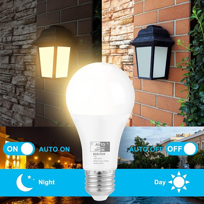 Qualilux Dusk to Dawn A19 LED Light Bulbs Outdoor, Automatic On/Off, 60W Equivalent, Warm White 3000K, Energy Efficient 9.5W, 850 Lumen, E26 Base, 4-Pack, HQ-H009