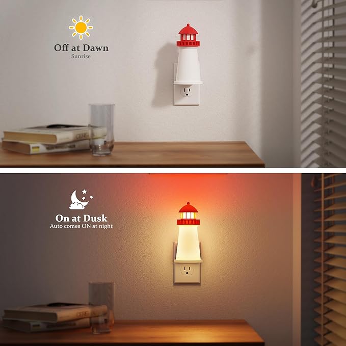 JandCase Night Lights Plug into Wall,3D Printed Beacon Night Light,3000K Plug in Nightlight with Dusk to Dawn Sensor,0-100LM Adjustable Brightness for Rooms Bathroom Hallway