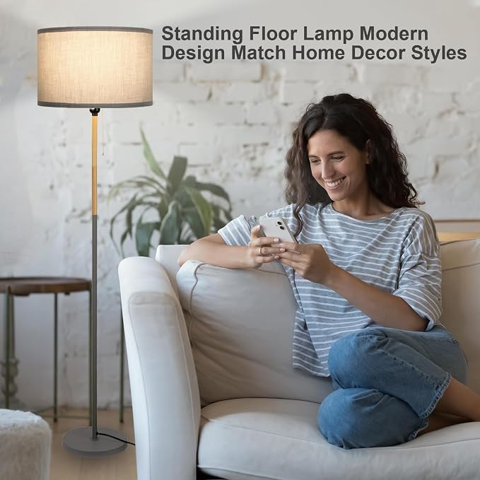Modern Floor Lamp for Living Room Farmhouse Floor Lamps Pole with Linen Lamp Shade, Standing Tall Floor Lamps for Bedrooms and Office (Grey)