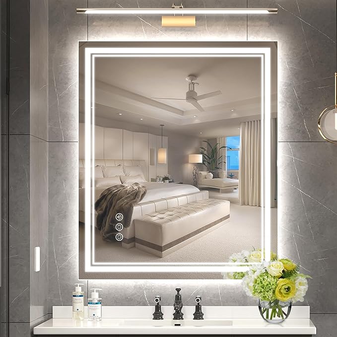 Ratsamee 30x36 Inch LED Bathroom Mirror with Frontlit & Backlit, Lighted Mirror for Bathroom Wall with 3-Color Dimmable & Anti-Fog, Vanity Mirror with Lights