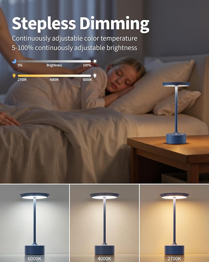 PUSU Rechargeable Table Lamps Set of 2, Blue Cordless Portable Desk Lamp | 4000mAh Battery, Stepless Dimming & 3 Color 2700K-6000K, LED Lamp for Bedroom, Living Room, Restaurant, Outdoor, Night Light