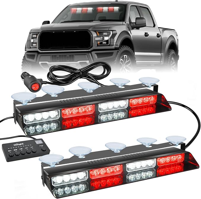 Nilight 32LED Red White Emergency Dash Strobe Lights with Controller | Suction Cups Warning Hazard Interior Front/Rear Windshield Deck Split Light Bar for Trucks Construction Vehicles