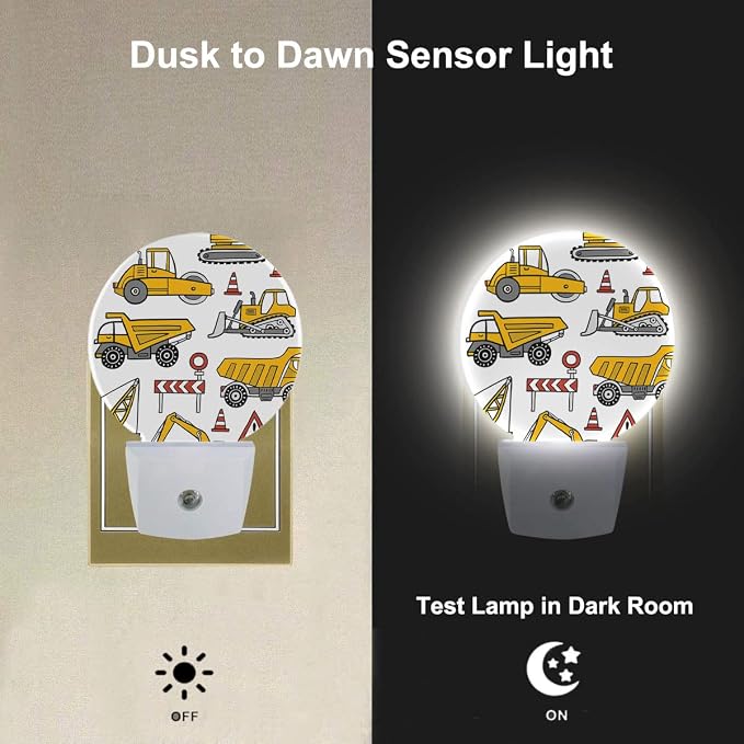 Yellow Cars Night Lights Plug into Wall Building Machine Road Truck 0.5W LED Lighting Auto on/Off for Boys Men Bedroom Bathroom Decorative Night Light