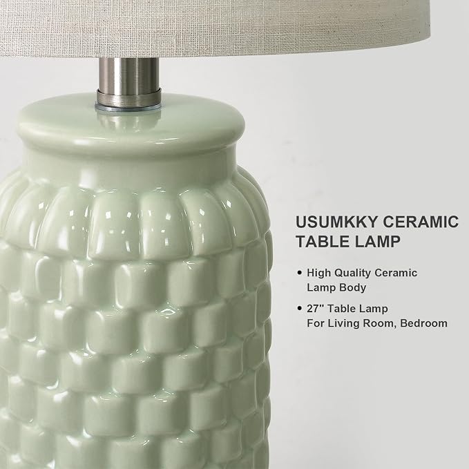 USumkky 27" Ceramic Table Lamps Set of 2 - Modern Farmhouse & Boho Style, Bedside Nightstand Lamps for Bedroom, Living Room End Table Lamps, Small Desk Lamp(Green)