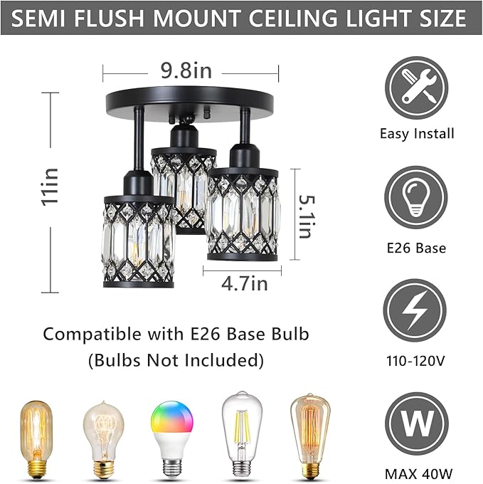 PAUFUL Semi Flush Mount Ceiling Light,3-Light Modern Crystal Close to Ceiling Light Fixtures, Black Kitchen Light Fixtures with Clear Crystal Shade,Hallway Light Fixtures for Hallway Bedroom Bathroom