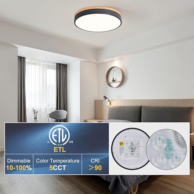 Yiisem Dimmable Wood LED Flush Mount Ceiling Light, Grey, 15.8 in | 5CCT 2700K-6000K Modern Close to Ceiling Lighting Fixtures, Round Ceiling Lamp for Living Room, Bedroom, Laundry Room