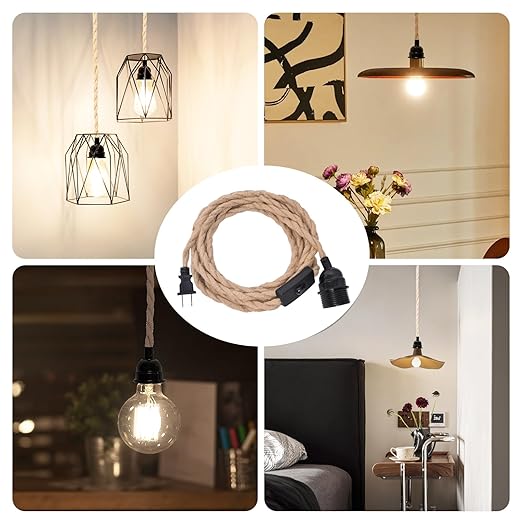 Plug in Pendant Light Cord, Industrial Hanging Light Kit with 15FT Hemp Rope, E26 E27 Light Socket for Hanging Lamp Kit, Hanging Light Cord with On/Off Switch, Bulb Not Included