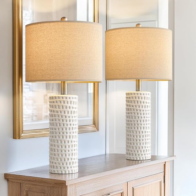 PORTRES 24" Farmhouse Ceramic Table Lamps Set of 2 for Bedroom Living Room | Bedside Lamps for Nightstand, Modern White Living Room Lamp Reading Office Dorm Accent End Table Lamps for Night Stands Decor