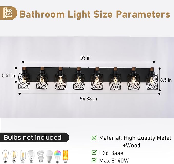 RVONOW 8-Light Farmhouse Bathroom Light Fixtures with Metal Shade | Rustic Bathroom Vanity Light with E26 Base for Bedroom Living Room Hallway, Black