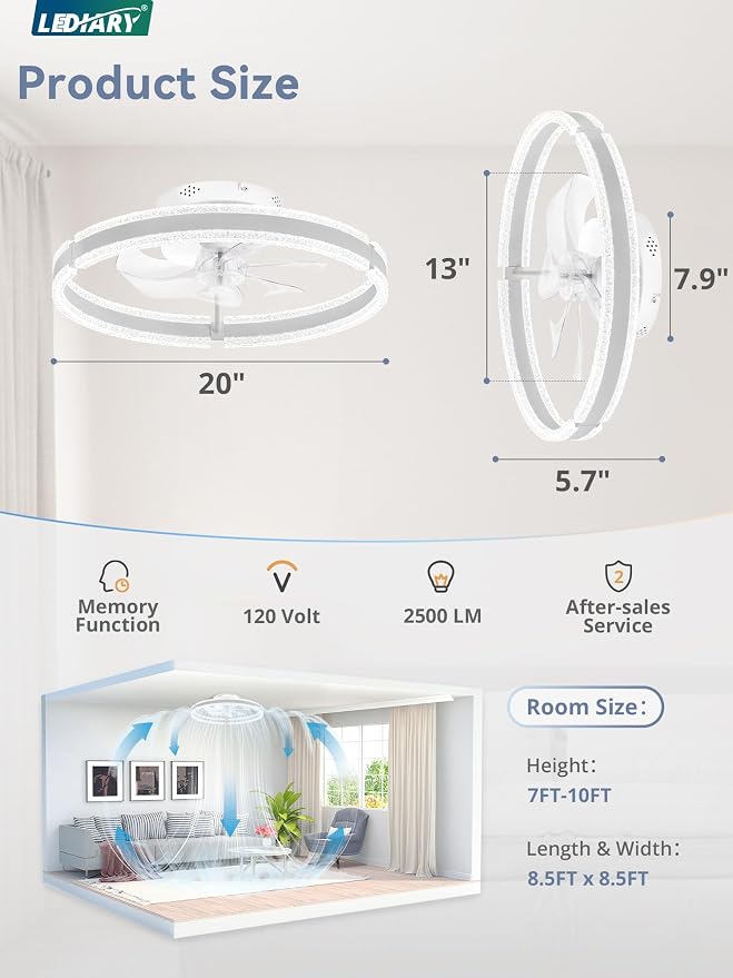 LEDIARY Ceiling Fans with Lights and Remote, 20'' Low Profile Ceiling Fan with Light, 3000-6000K Dimmable Fandelier Ceiling Fans, Modern Flush Mount Fan Light for Bedroom with 6 Wind Speeds- White | 3000-6000K Dimmable LED, 6 Wind Speeds, Quiet Reversi...