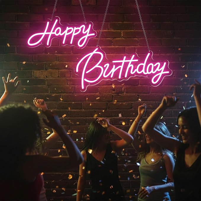 22x16.9 Inch Large Happy Birthday Neon Sign, Dimmable Pink LED Neon Light Sign for Party Backdrop, USB Wall Decor for Bedroom,Reunion,birthday