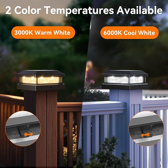 Solar Post Cap Lights Outdoor 12 Packs for 4x4 5x5 Vinyl/Wooden Posts, Waterproof Solar Powered Fence Post Light with Warm/Cool Lighting, Black 16LEDs Deck Cap Light for Garden, Patio, Porch