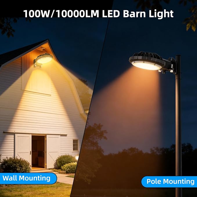 Karjoefar 100W LED Barn Light with 10000LM 5000K Warm Light | Dusk to Dawn Outdoor Lighting with IP65 Waterproof, Security Yard Outdoor Lights for Yard, Street, Warehouse, Garage (2 Pack)