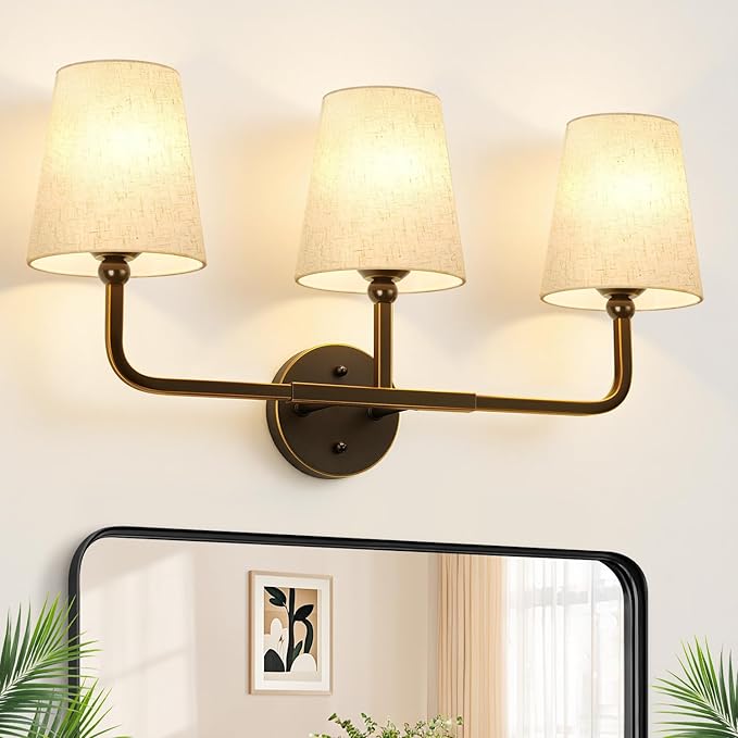Bathroom Light Fixtures, 3-Light Oil-Rubbed Bronze Vanity Lights, Bathroom Lighting Fixtures Over Mirror with Flared Linen Shade, Modern Wall Sconces for Living Room Hallway
