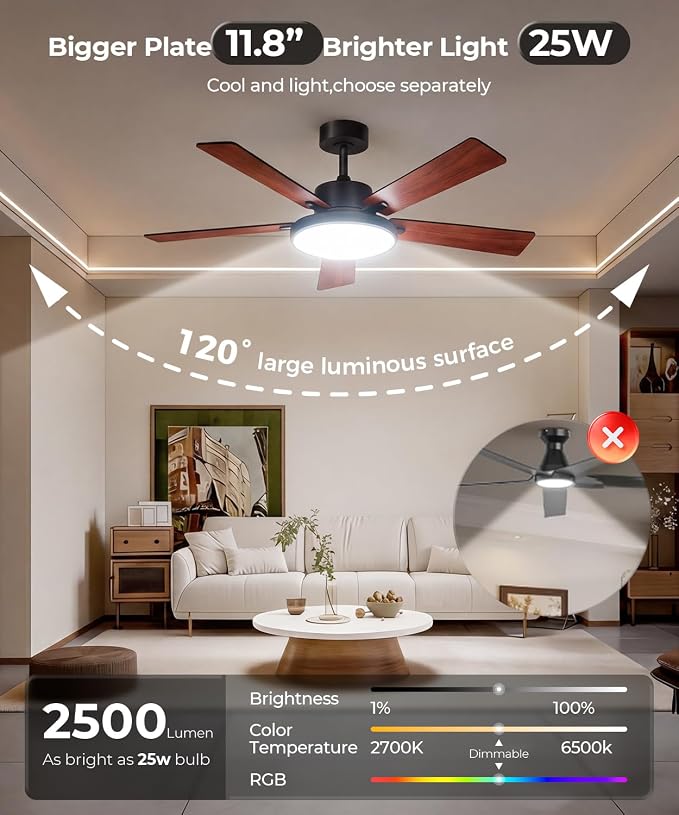 RGBCW Smart 52" 2600LM LED Ceiling Fan Light with Remote, Brown | Alexa/Google/App Control, Reversible DC Motor, 6 Speeds & 2 Fan Modes, Dimmable, Quiet Fan for Bedroom, Living & Gaming Room