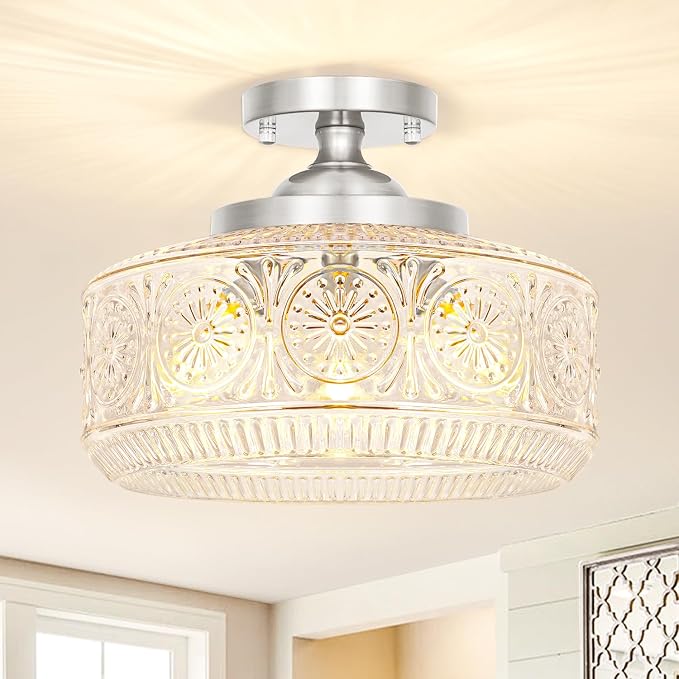 Brushed Nickel Semi Flush Mount Ceiling Light, 3-Light Vintage Ceiling Light Fixture, Hallway Lighting Fixture with Thickened Glass, 12In Kitchen Ceiling Mount Light for Entryway Bathroom, E12*3