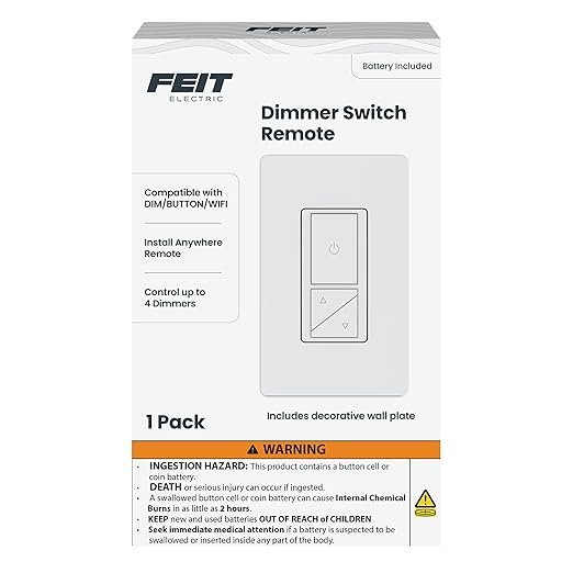 Feit Electric Dimmer Switch Remote, Wireless Smart Lighting Control, Push-Button Dimming, Beacon Control for Up to 4 Wired Dimmers, Battery-Powered (CR2032 Button Cell, 4-Year Life), DIM/Companion