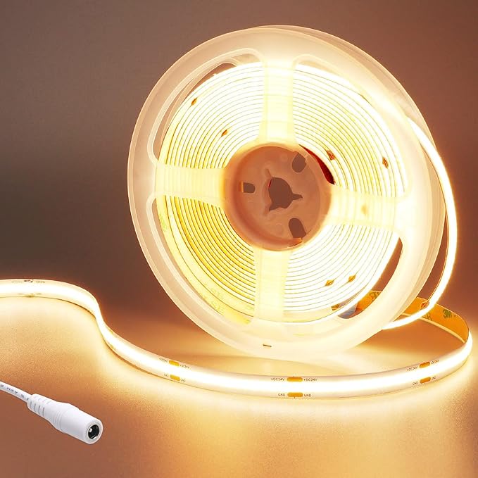 24V COB LED Strip Light Warm White 3000K 5M/16.4ft 2400LEDs 4500Lm Uniform Glow CRI 93+ Flexible IP20 Not Waterproof LED Tape Lights for DIY Cabinet Bedroom Kitchen Home Decor(No Power Supply)