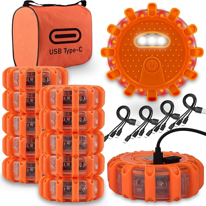 Ecoangel USB-C Rechargeable LED Road Flares Emergency Lights for Vehicles | Large-Size, Waterproof & Crushproof, 9 SOS flash modes, magnetic base, for Vehicles & Boat, USB-C rechargeable, 3 in 1 Cable