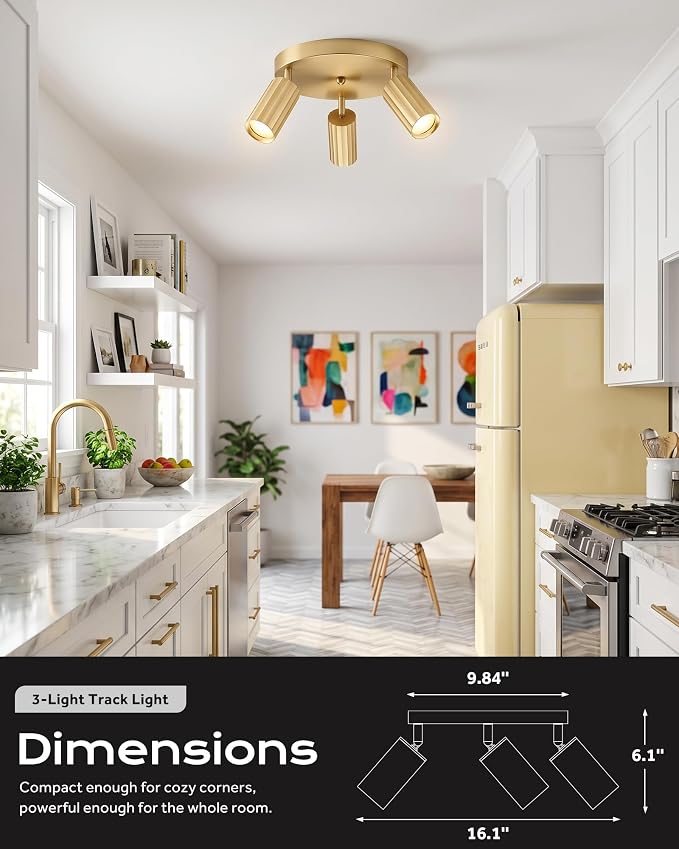 FEMILA Brushed Gold Round Track Lighting Fixtures Ceiling, 3 Light Track Lighting Fixtures with 3000K GU10 Bulbs, Track Lights for Kitchen, Hallway, Living Room, Office, 4FS109F-3 BG
