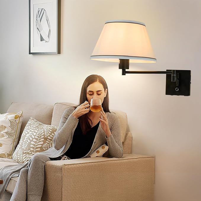 Swing Arm Wall Lamp,17”Wall Sconce Plug in with Type-C and USB Port,Dimmable Switch,Bedroom Wall Light Fixtures,Bedside Reading Lamp,White Shade Black Finish.