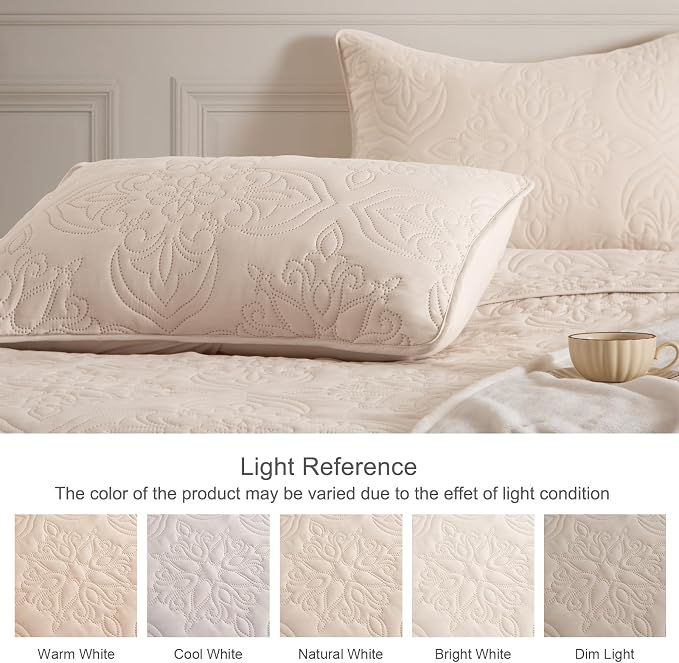 Whale Flotilla King Quilt Bedding Set Vintage Damask Reversible Bedspread | Suitable for Bed, 3 Pieces Brich Beige Lightweight Breathable Quilt King Size, Ultrasonic Coverlet with 2 Pillow Shams