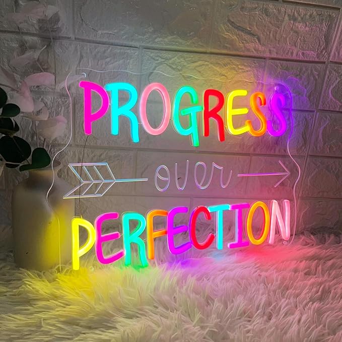 Progress Over Perfection Neon Sign, LED Neon Light Signs for Wall Decor Dimmable Inspirational LED Light Up Sign for Classroom Office Bedroom Library Study Room Kids Room Decorations