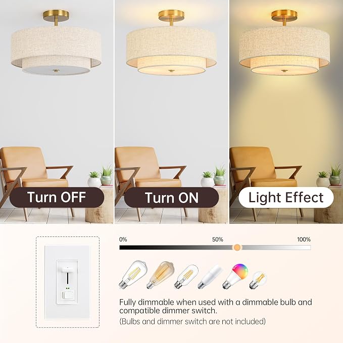 16" Semi Flush Mount Ceiling Light, 3-Light Gold Drum Ceiling Light Fixture | 2-Tier Fabric Linen Shade Design, Farmhouse Chandelier for Dining Room, Living Room, Bedroom, Kitchen, Hallway, Entryway