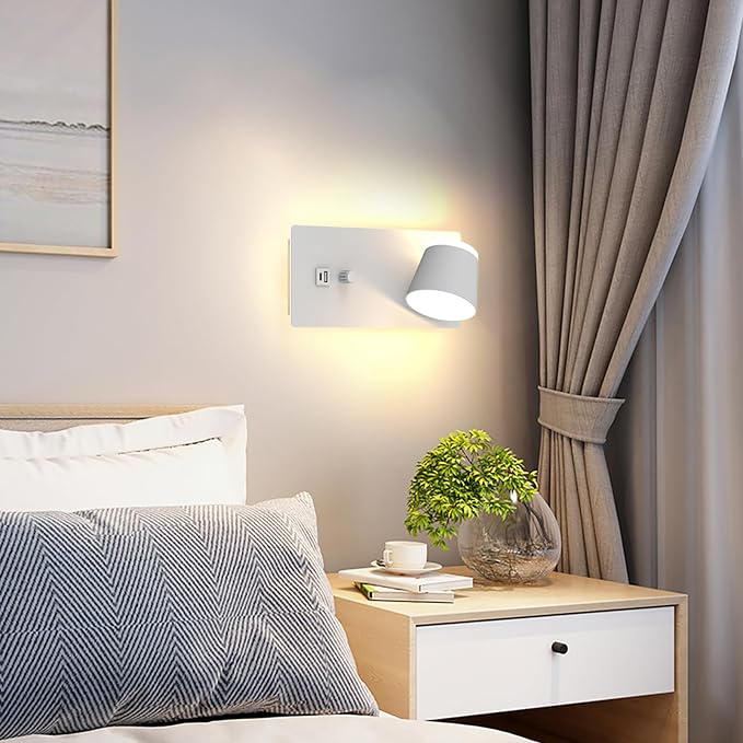 Plug in LED Wall Sconce Set of Two,Dimmable Bedside Wall Light with Dimmer and USB&C Ports,5CCT（3000K-6000K） LED Wall Mounted Lighting for Bedroom,Stairway,Basement,Cafe,Home Decor(2 Packs)