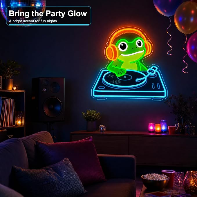Frog DJ Neon Sign, Music Neon Signs for Wall Decor, Cute LED Light Up Sign for Bedroom, Game Room, Man Cave, Bar, Studio and Party Decor, USB Powered Dimmable Funny Wall Art Gift for DJ Music Lovers