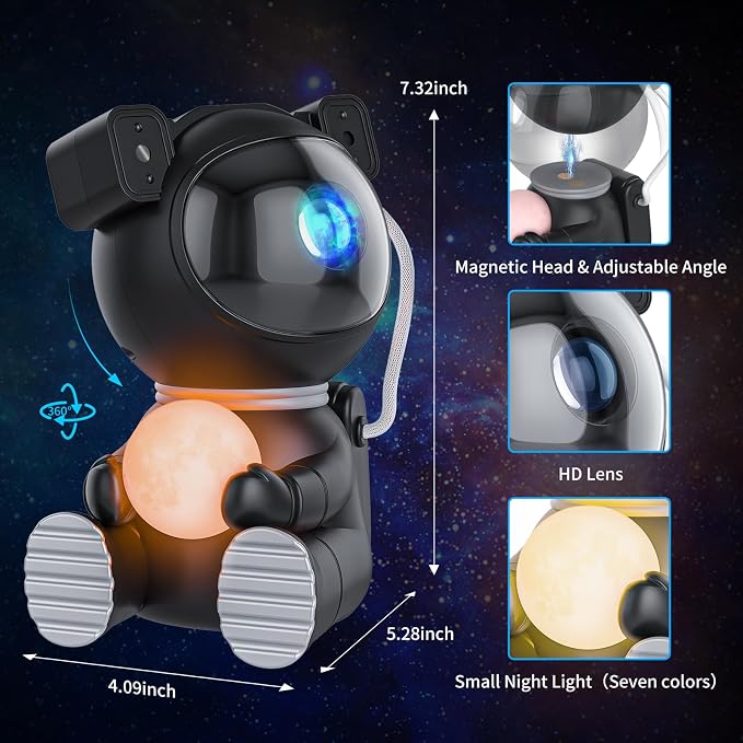 Cayclay Astronaut Galaxy Projector, Remote & Timer Night Light, Black | 360° Magnetic Adjustable Head, Auto-Off Timer, Remote Controllable LED Lamp, Dimmable Multi-Color Night Light For Home Decor