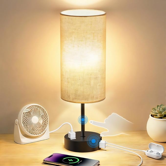 Table Lamp for Nightstand, High-Sensitivity Touch, 3-Level Dimmable Bedside Lamp with AC Outlet | USB | and USB-C, Ideal Night Stand Lamp for Bedroom, Reading, Living Room (Beige&Black)