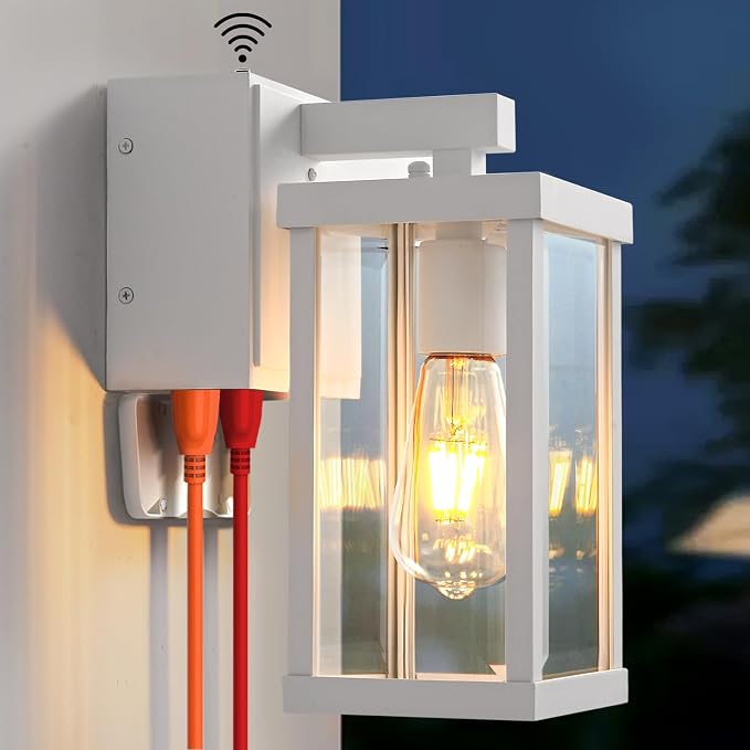 Porch Lights with GFCI Outlets Dusk to Dawn Outdoor Wall Lights Waterproof Exterior Lighting Fixtures Modern Outside Lights Wall Mount for House Patio Garage,White,11.8''H,1PC
