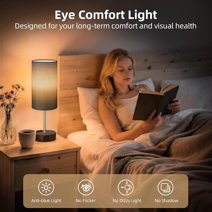Table Lamp for Nightstand, High-Sensitivity Touch, 3-Level Dimmable Bedside Lamp with AC Outlet | USB | and USB-C, Ideal Night Stand Lamp for Bedroom (1, Grey&Walnut)
