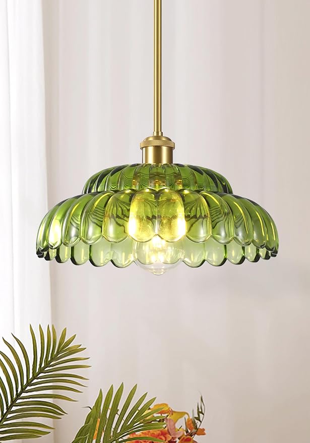 Gold Pendant Light with Glass Shade, Vintage Floral Glass Pendant Lamp for Kitchen Island, Adjustable Hanging Rods Sloped Ceiling Compatible, Living Room Bedroom Hotel-Green