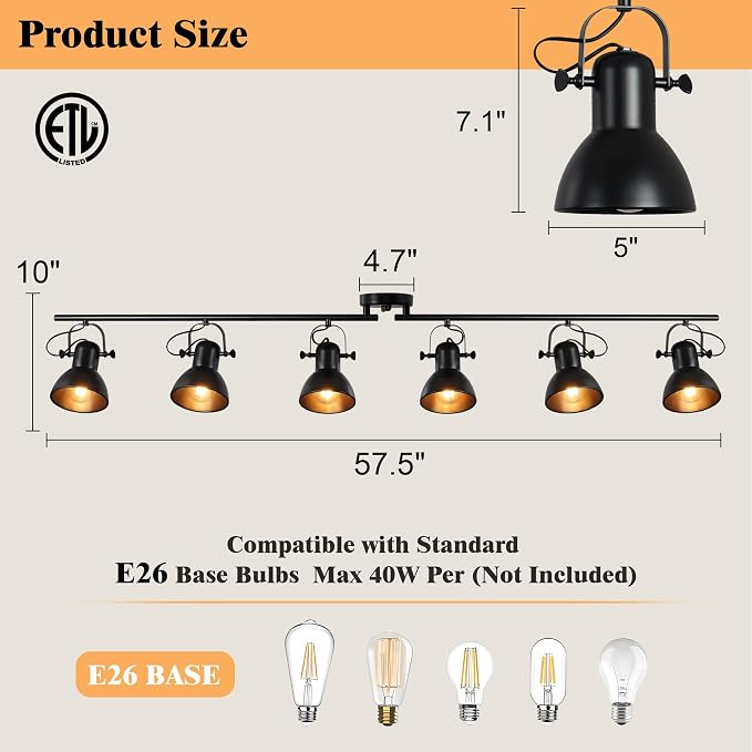 6-Light Track Lighting for Kitchen, Track Lights Ceiling Mount 57.5" Vintage Industrial Track Light 6 Rotatable Heads Adjustable Kitchen Track Lighting Fixtures Ceiling for Bedroom Office Bar