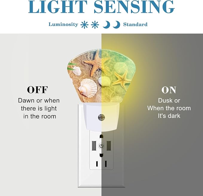 Starfish and Seashell Night Light for Kids, Beach in Sea Water LED Night Light Plug into Wall with Dusk to Dawn Sensor for Girls Boys Women Men Room, Hallway, Kitchen, Bathroom, Stairs Decor