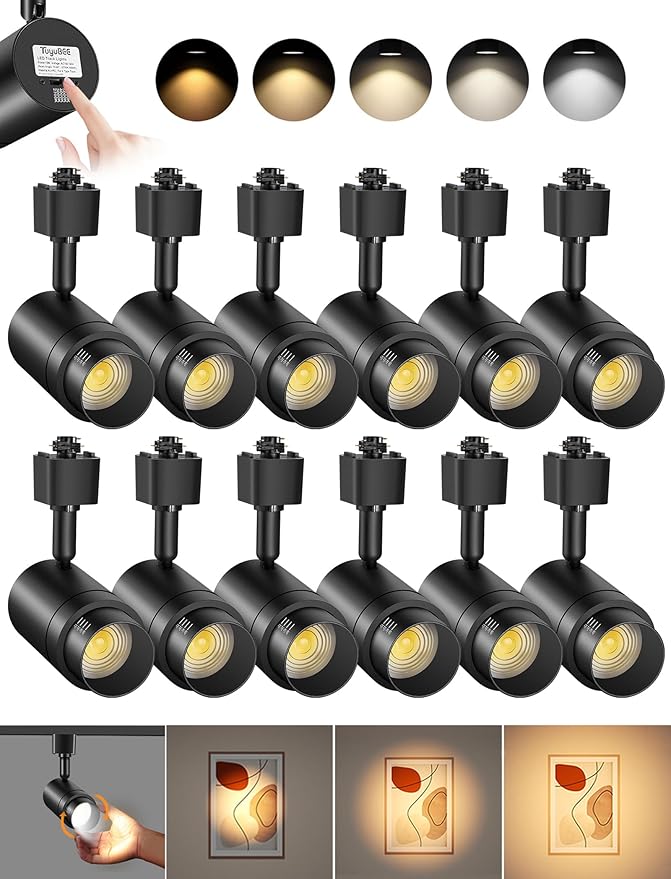5-Color Zoomable H Track Lighting Heads H Type Track Light Heads Dimmable LED Track Lighting Fixtures Ceiling Spot Light, H Style Track Heads for H Track Lighting Rails Black CRI90 12W 12 Pack